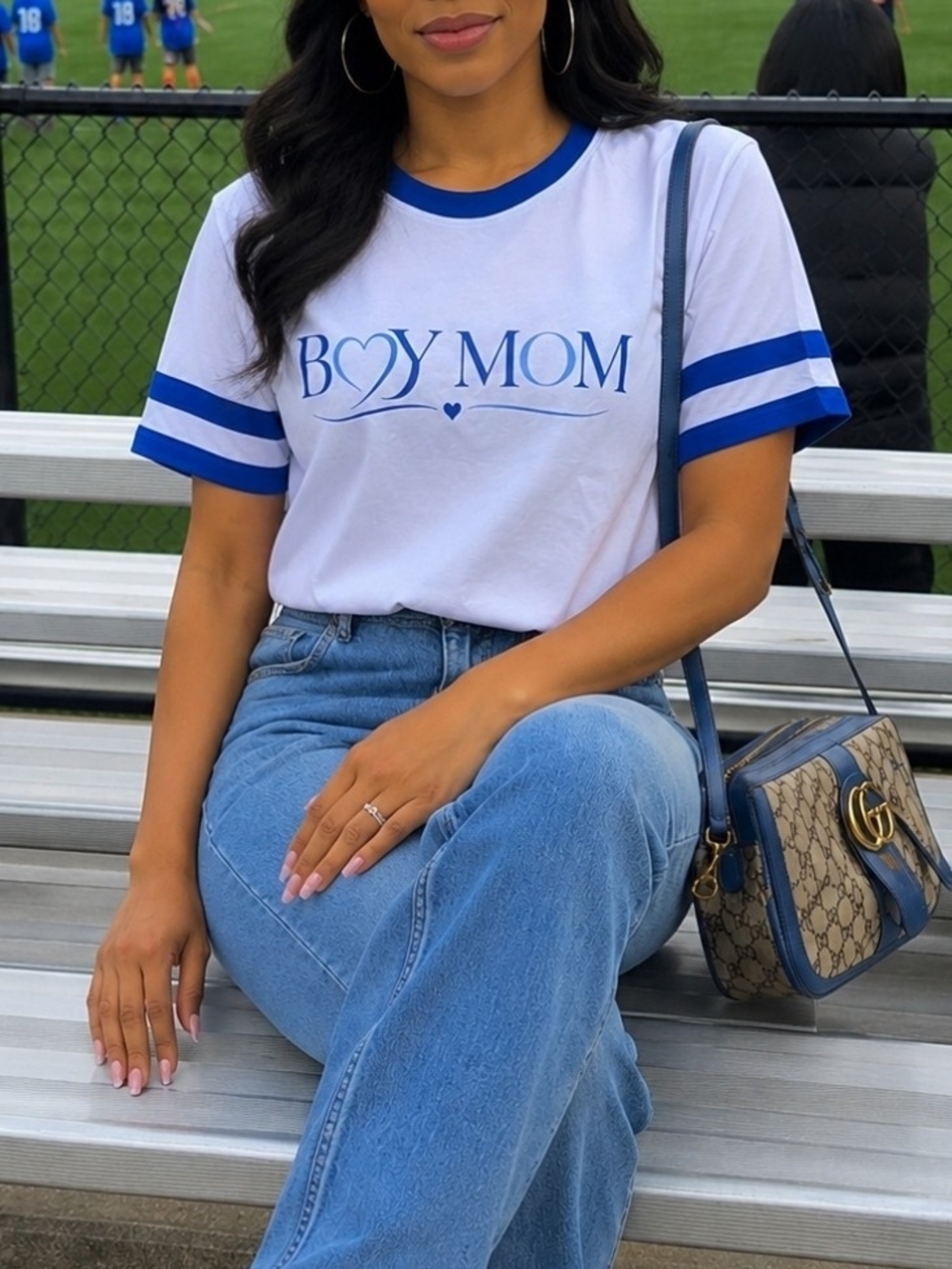 Boy Mom White Tee with Blue Trim